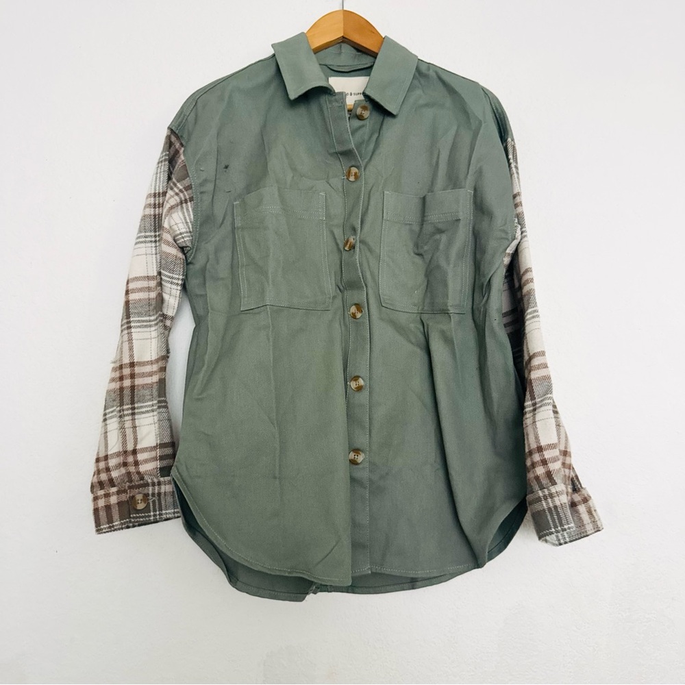 Thread & Supply Women's Button Down Shacket Top Cotton Size S Olive Tan Plaid - Picture 3 of 11